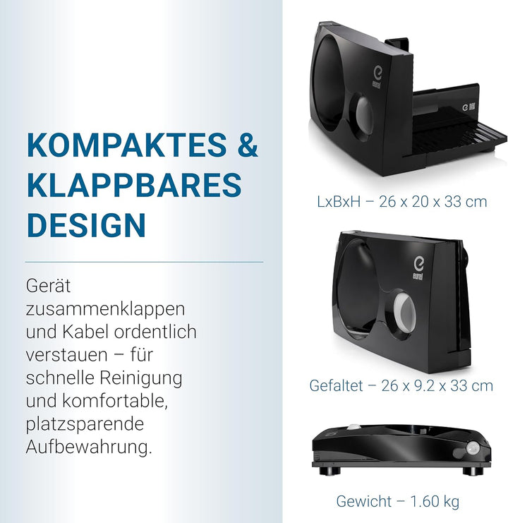 EUREL RS42 Allesschneider SCHWARZ Made in Europa I platzsparend klappbar Elektrischer Schneidemaschi