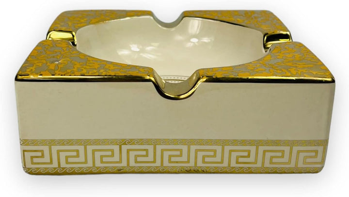 Luxus Porzellan-Aschenbecher, Mäander-Design, Weiss-Gold, Vintage-Stil