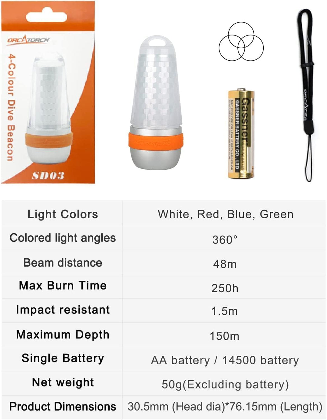 ORCATORCH SD03 Dive Beacon 4-Color-in-1 (Blau, Rot, Weiss, Grün) 8 Modi Tauchsignallicht mit Konstan