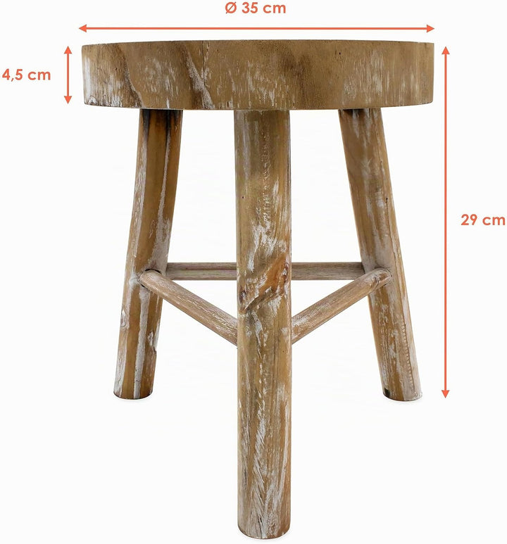 Spetebo Holz Blumenhocker mit 3 Beinen White Washed - Ø 35 cm - Massivholz Deko Hocker rund Shabby C