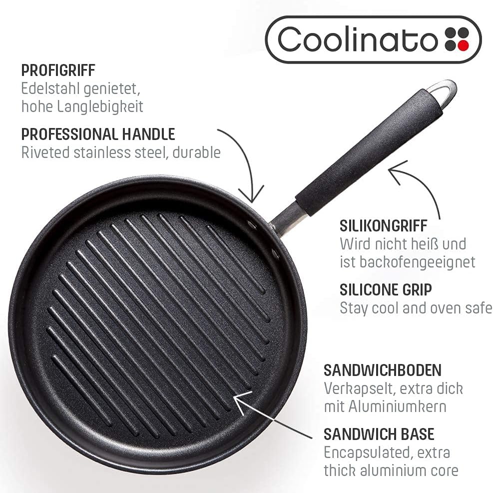 Coolinato Grillpfanne rund 26cm, Pfanne beschichtet für Induktion und andere Herde, Steakpfanne ofen