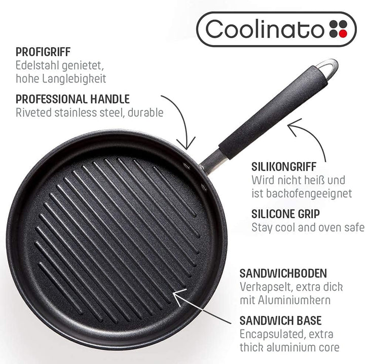 Coolinato Grillpfanne rund 26cm, Pfanne beschichtet für Induktion und andere Herde, Steakpfanne ofen