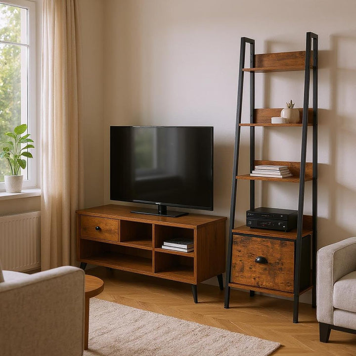 FurnitureR Pflanzenregal Leiterstil 42x29x141 cm, 5 Ebenen, Stoffschublade, 12 mm Holzplatten & 20 m