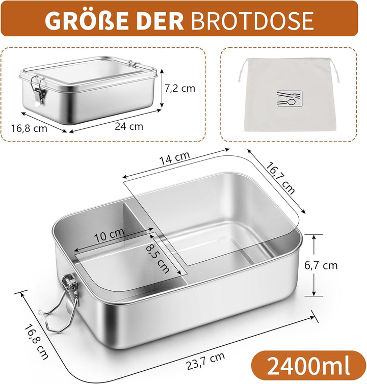 Homikit Brotdose mit Fächern, Edelstahl Bento Box Lunchbox mit Tasche, 2400ml Lunch Box für Kinder &