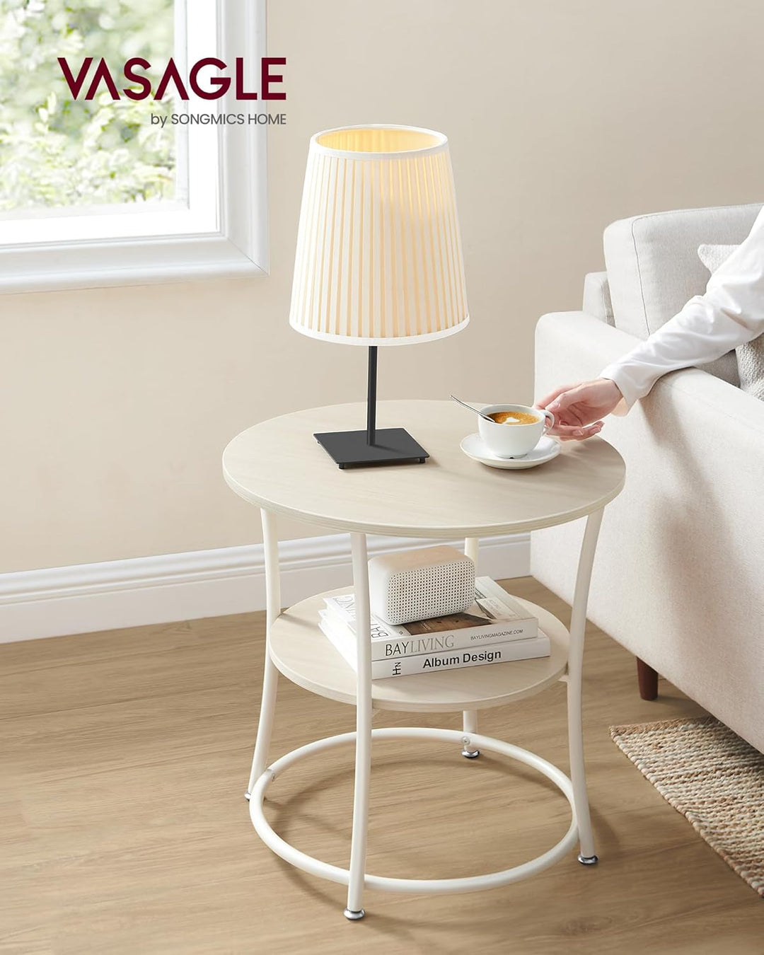 VASAGLE Beistelltisch, Couchtisch rund, Sofatisch, 2 Ablagen, Wohnzimmer, Schlafzimmer, einfacher Au