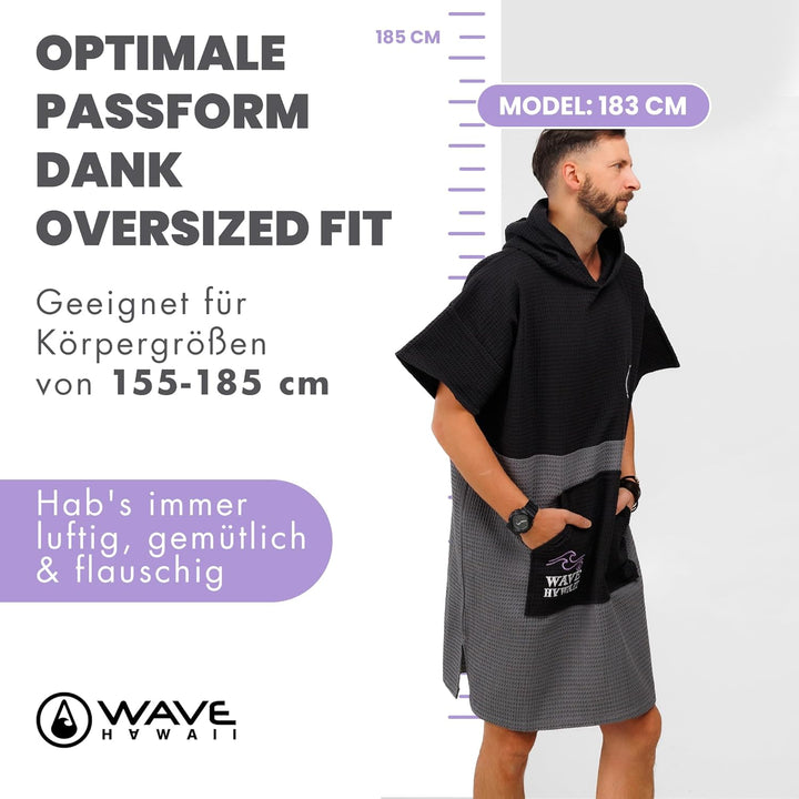 WAVE HAWAII EL Yaque Surfponcho Grau-Schwarz für Körpergrössen von 160-190 cm, Sommer Poncho 100% ÖK