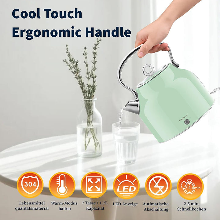Huogary Wasserkocher - 1,7 L Edelstahl Wasserkocher mit Warmfunktion, 2000W Schnellkocher mit LED-An