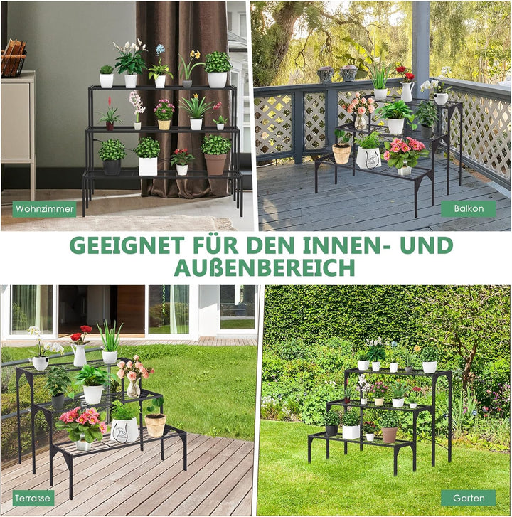 GOPLUS 3 Ebenen Metall Pflanzenständer, Blumentreppe Outdoor, Blumenregal Pflanzentreppe für Garten