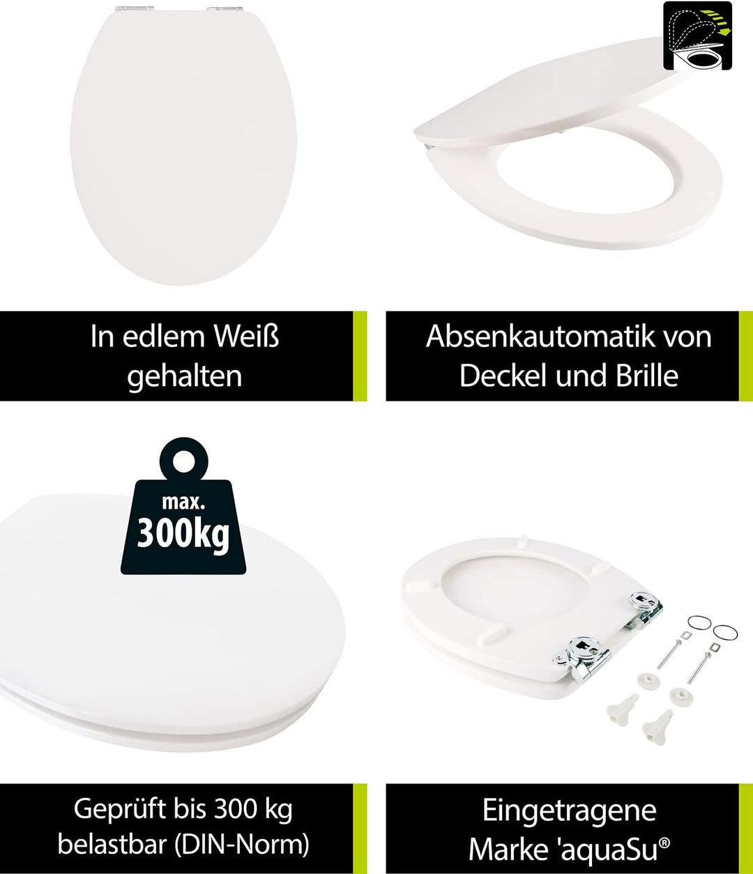 'aquaSu® WC-Sitz mit Absenkautomatik, Dekor Real White, High-Gloss Toilettensitz mit Holzkern, Fast-