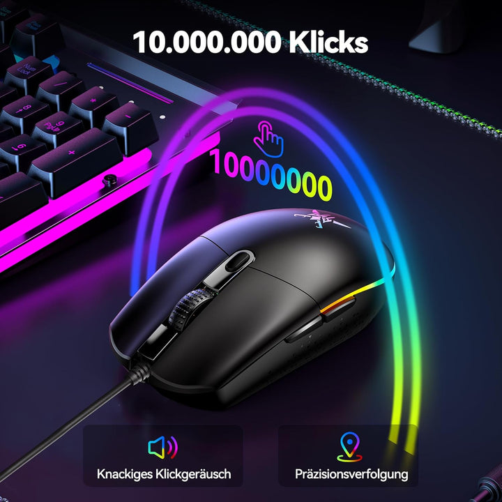 TECKNET RGB Gaming Maus mit Kabel, 10000 DPI Kabelgebundene Mäuse mit 6 Programmierbare Tasten und A