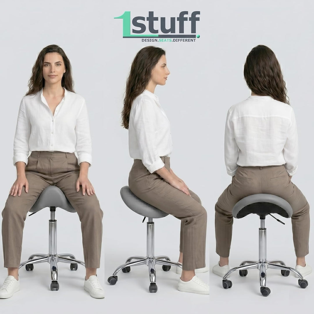 1stuff® Sattelhocker Sattelstuhl MULY - Sitzhöhe bis ca. 74cm - ergonomischer Rollhocker Bürohocker