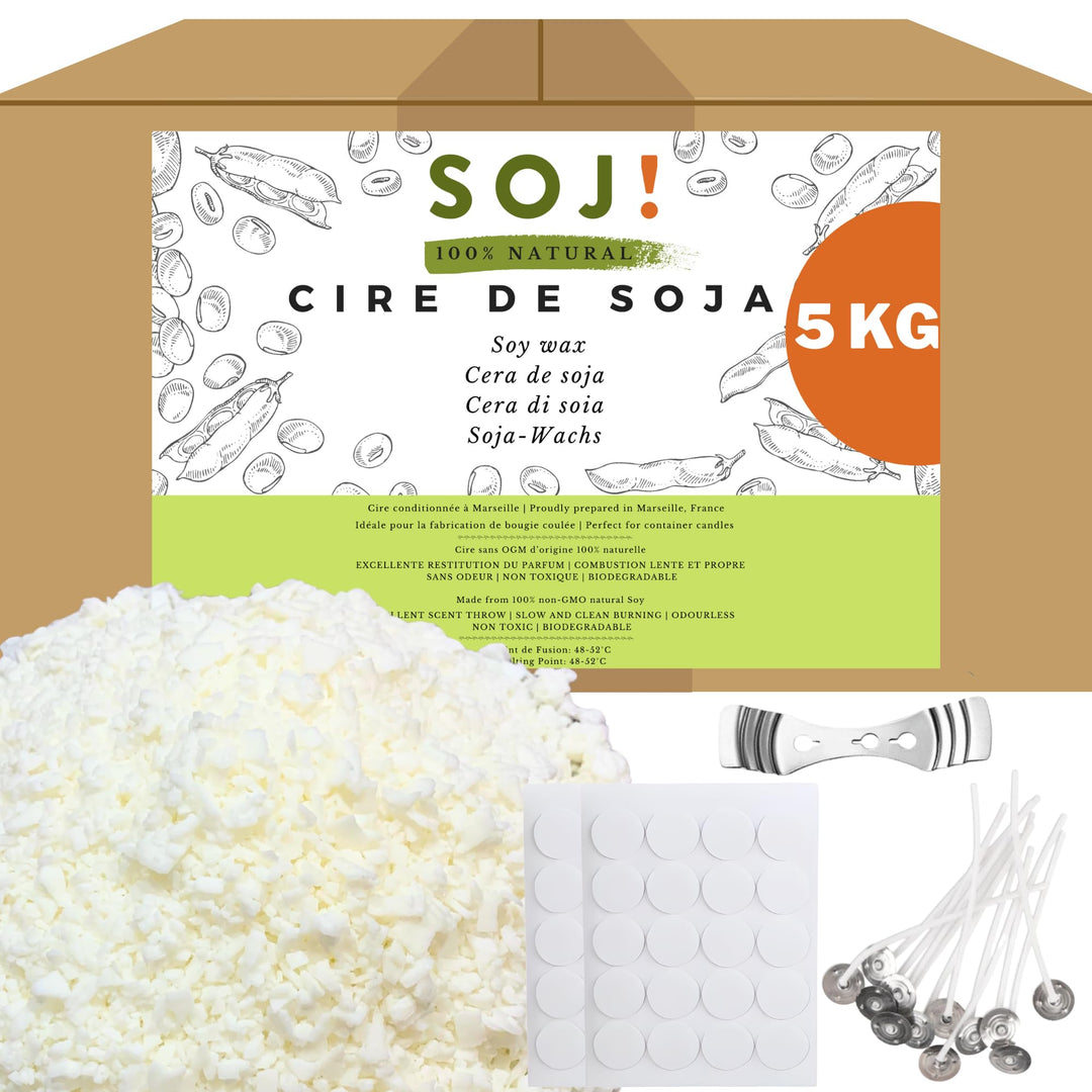 Soj - Sojawachs 5 kg für Kerzen ohne Gentechnik, 100 % natürlich, E-Book + 50 Dochte gratis dazu! He
