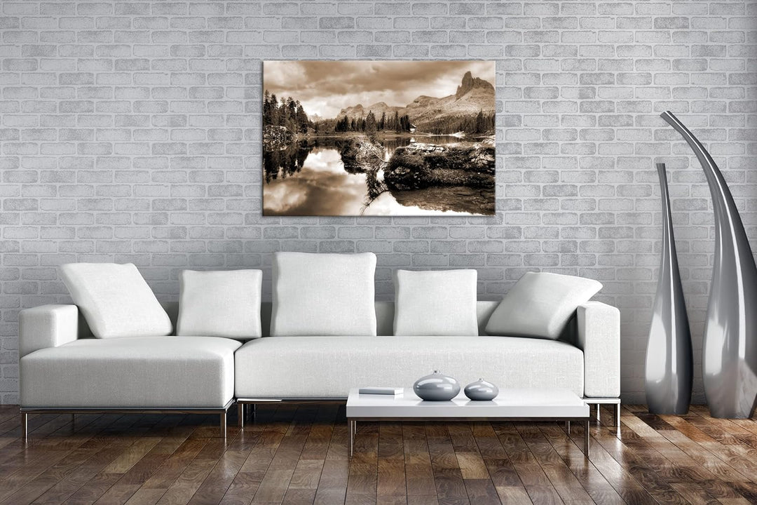 beginnender Winter in den Dolomiten Effekt: Sepia, Format: 80x60 als Leinwandbild, Motiv fertig gera