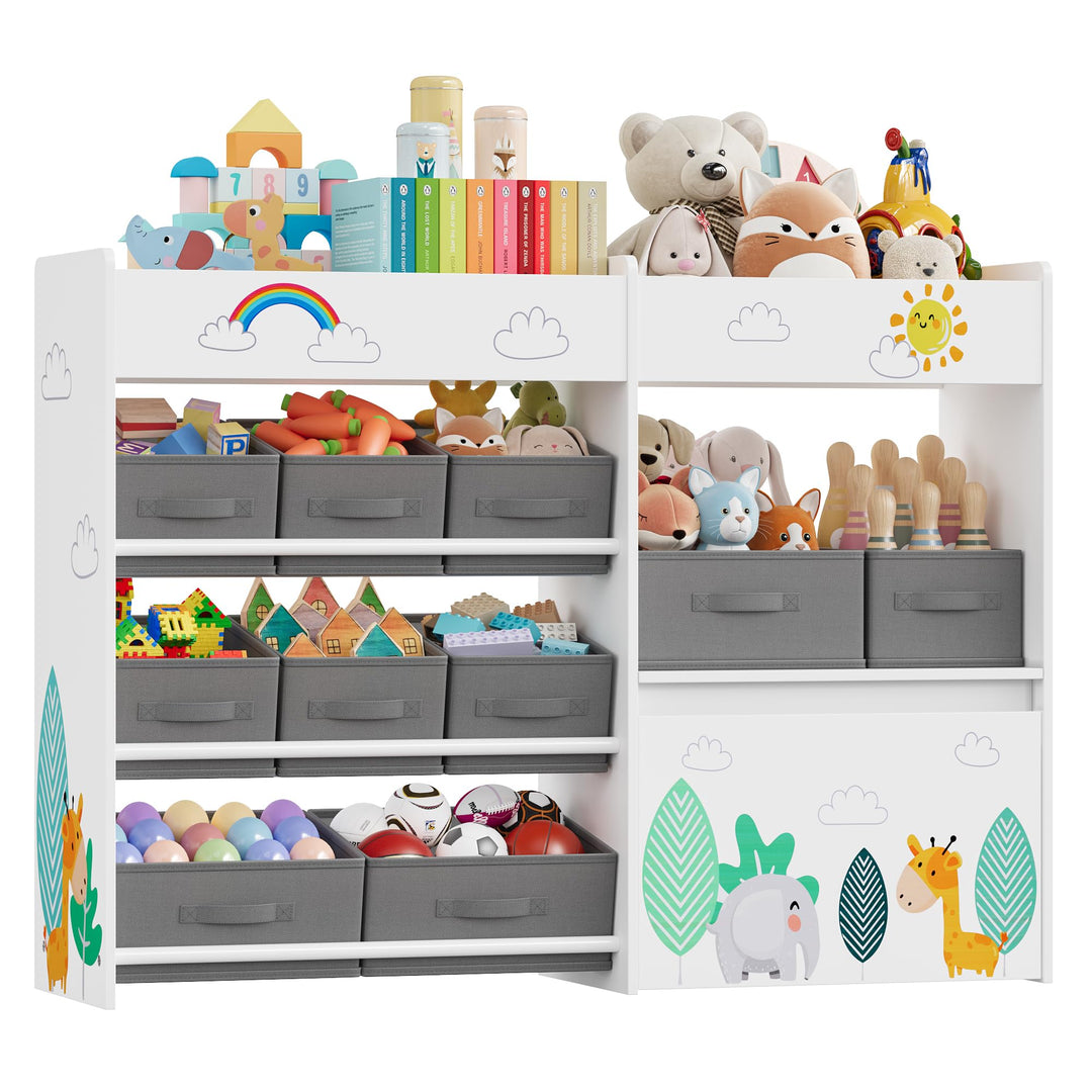 HOCSOK Spielzeugregal, Kinderregal mit 10 Stoff Aufbewahrungsboxen, Bücherregal, Spielzeugkiste auf
