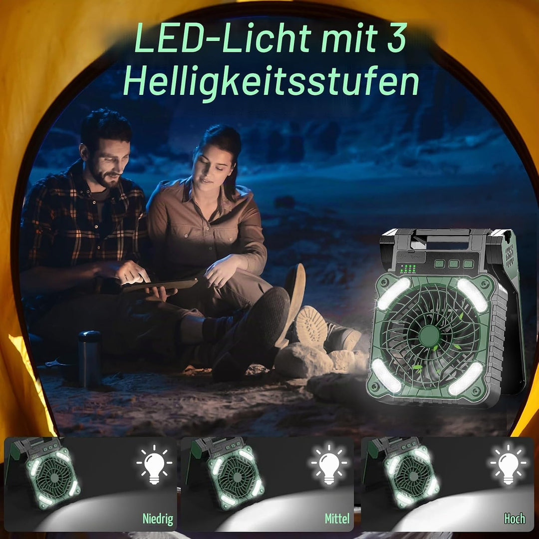 Camping Ventilator mit Akku 10400mAh, Solar Ventilator Outdoor mit LED-Licht, 4 Geschwindigkeiten Tr