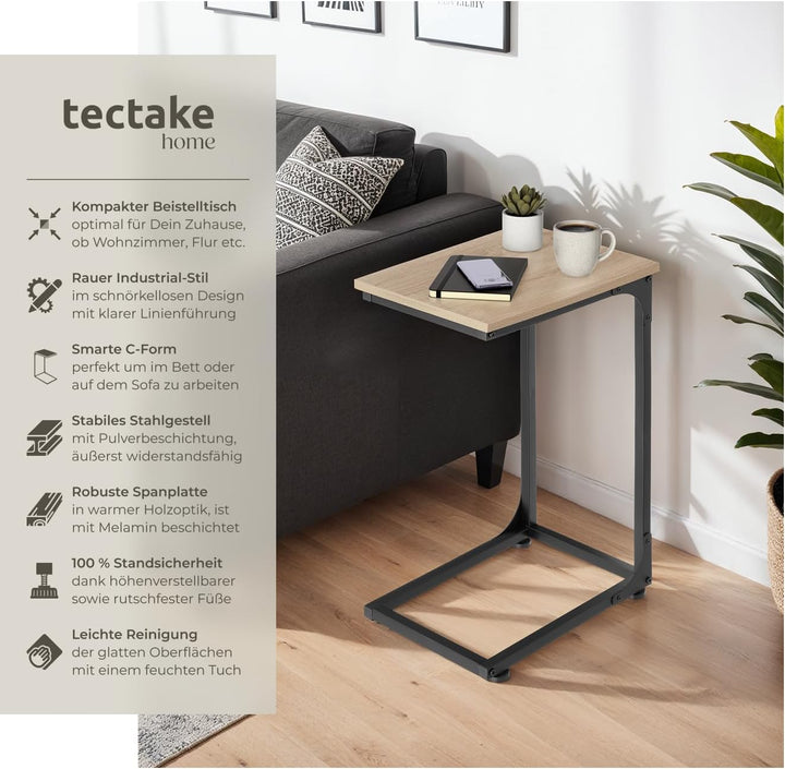 tectake® Beistelltisch Holz Metall, Wohnzimmertisch, Couchtisch C-Form, Laptoptisch für Couch, Bettt