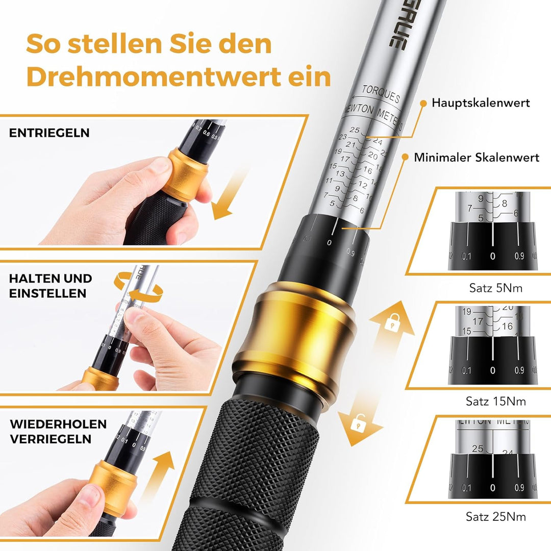 Drehmomentschlüssel Fahrrad,VIGRUE 1/4 Zoll Drehmomentschlüssel 5-25 Nm ±4% Fehlergenauigkeit mit Ve
