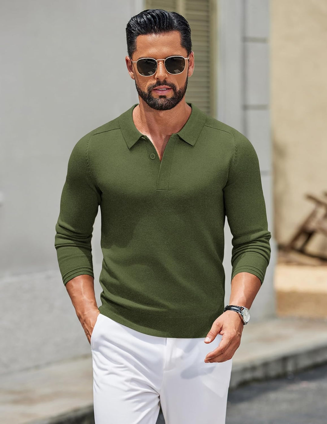 COOFANDY Polo Pullover Herren Pullover mit Polokragen Strick Poloshirt Langarm Business Pullover Win