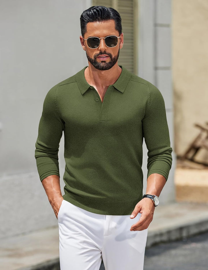 COOFANDY Polo Pullover Herren Pullover mit Polokragen Strick Poloshirt Langarm Business Pullover Win