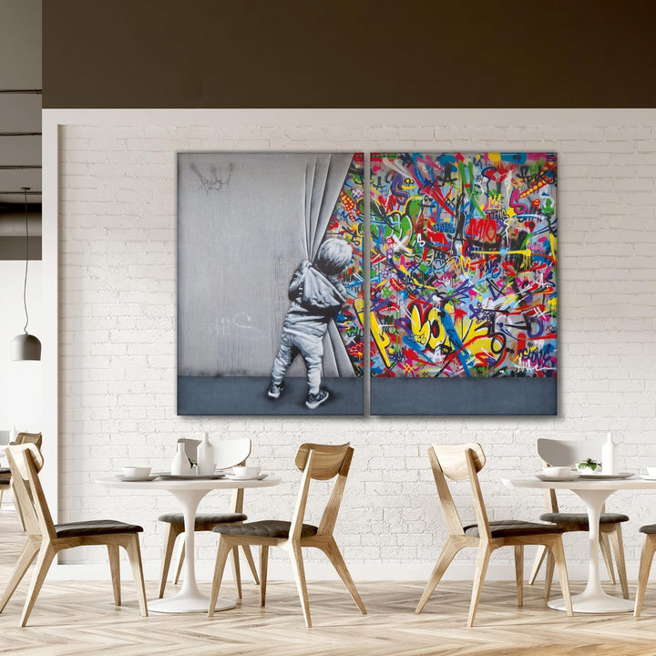 Giallobus - Grosse Gemälde im XXL-Format - Banksy - Street Art - Kind öffnet den Vorhang - Leinwand