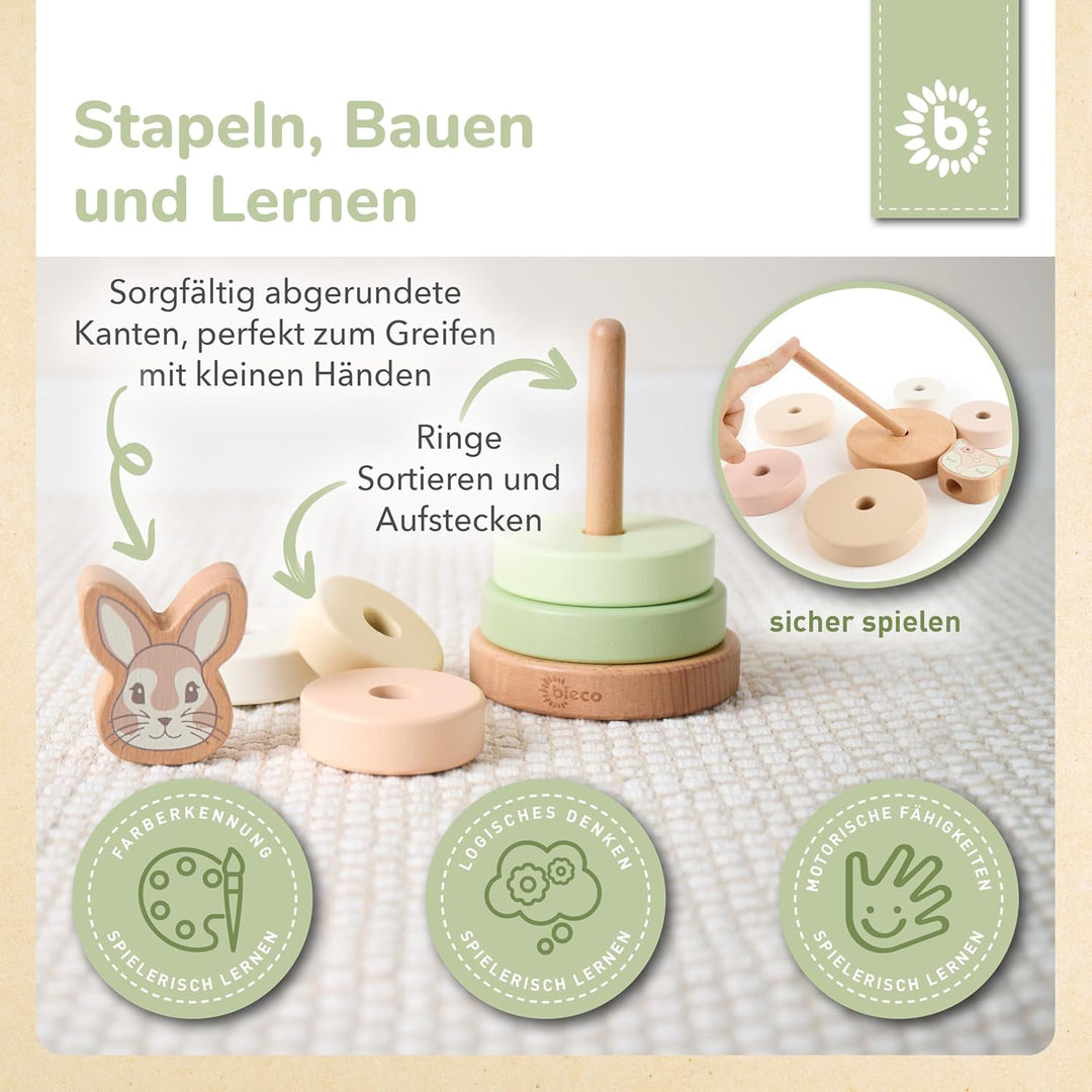 Bieco Hase Fine Stapelturm Baby Holz FSC® 19 cm Steckspiel ab 1 Jahr 7 tlg. Green Mix 10 x 10 x 18.5