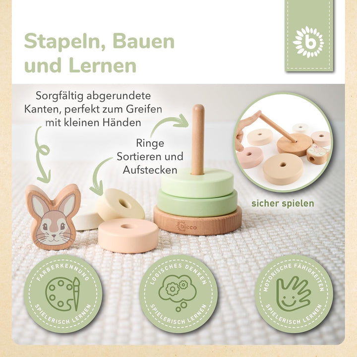 Bieco Hase Fine Stapelturm Baby Holz FSC® 19 cm Steckspiel ab 1 Jahr 7 tlg. Green Mix 10 x 10 x 18.5