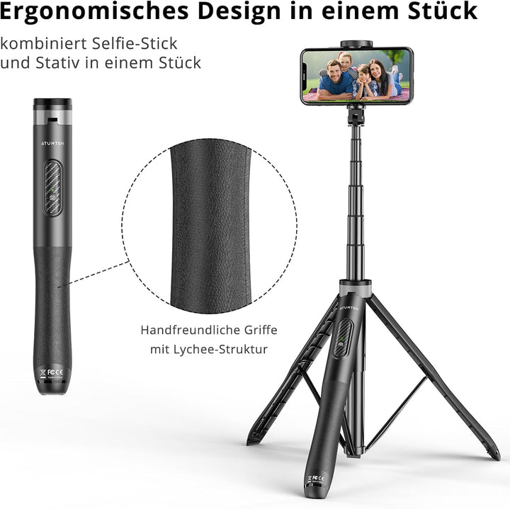 ATUMTEK 130CM Selfie Stick Stativ, Bluetooth Selfie Stick mit Hochbelastbarem Aluminium und Rutschfe