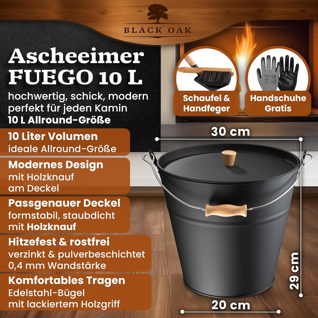 BLACK OACK Ascheeimer FUEGO 10L - schwarz mit Deckel mit Holz-Griff + Feger + Schaufel & Handschuhen