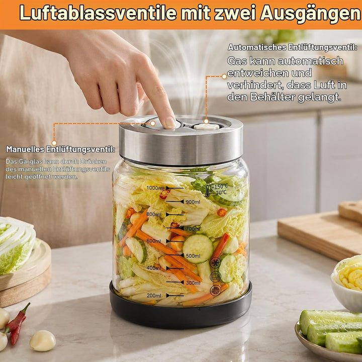 Diesisa 2 Stück 1L Borosilikatglas Fermentiergläser für Kimchi Sauerkraut | Fermentierglas mit Doppe