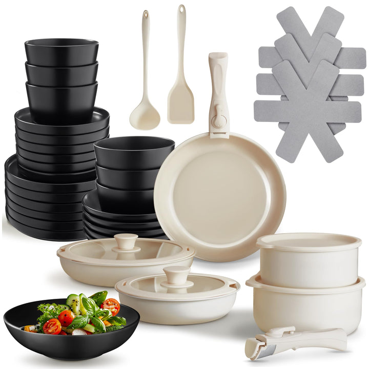 tectake® Küchenstarterset 6 Personen, Steingut Geschirr Set, Teller, 3 Pfannen, 2 Töpfe, rostfreies