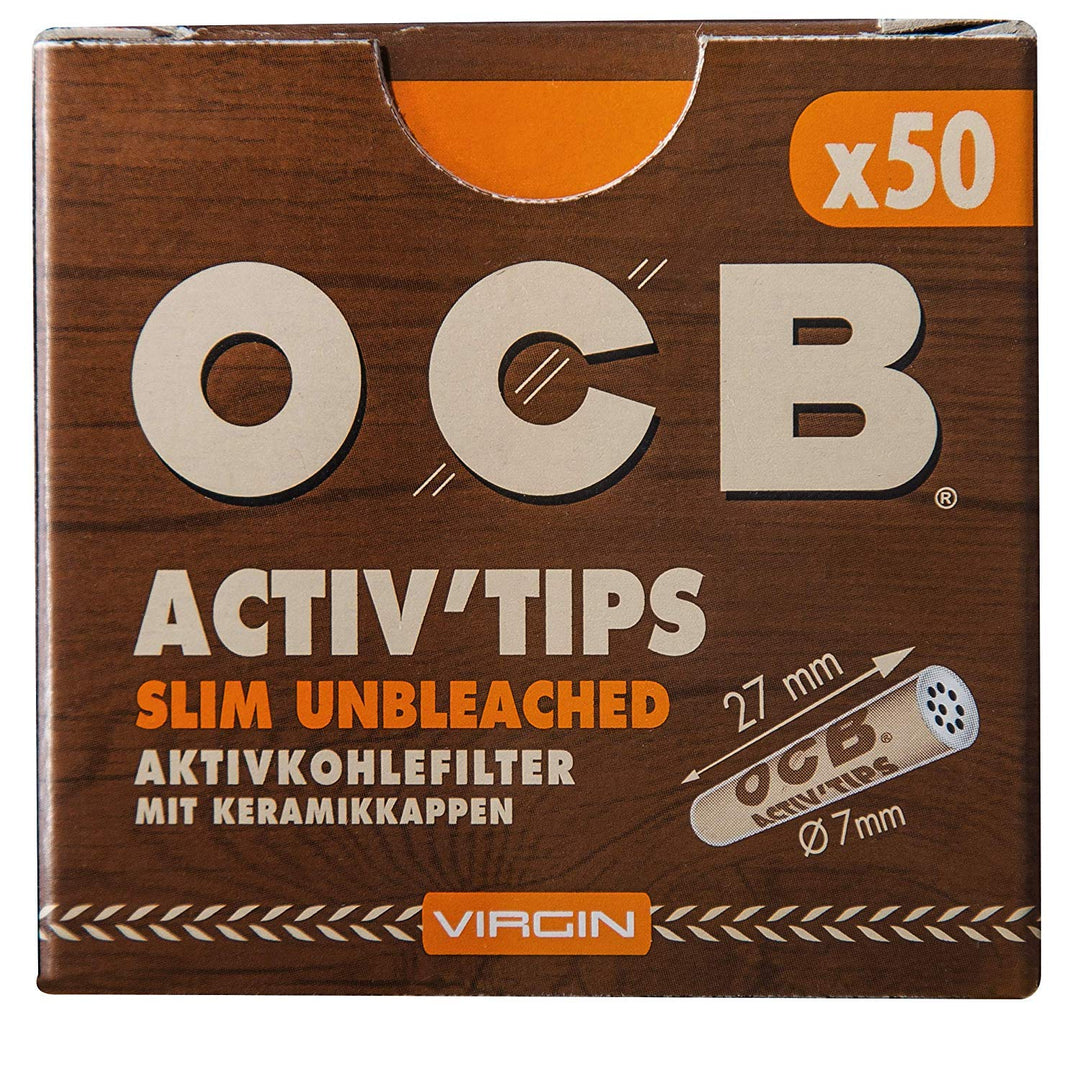 OCB 18666 ActivTips Slim Unbleached-7 mm-Virgin-Aktivkohlefilter mit Keramikkappen-, Papier, 5 x 50