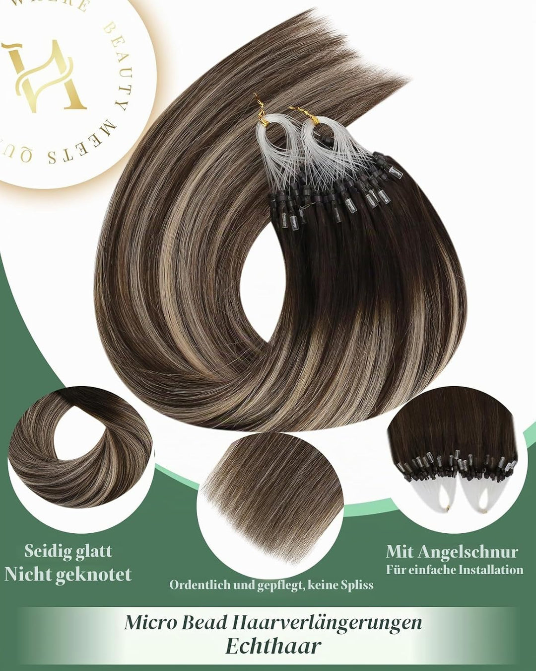 Ugeat Extensions Echthaar Microring Braun Balayage Extensions Microring Echthaar 40cm Balayage Schok