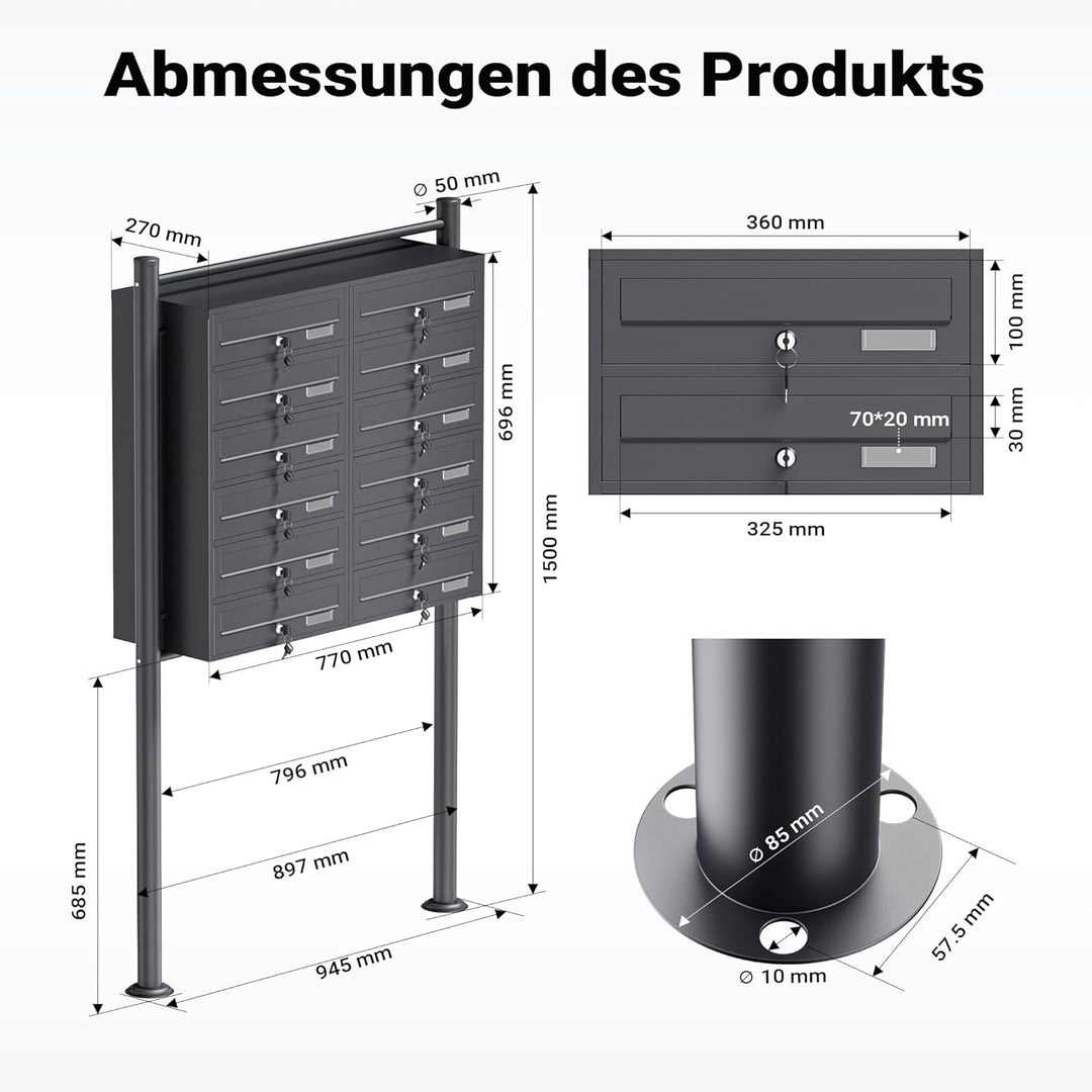 Wiltec 12er Briefkastenanlage Anthrazit 898 x 270 x 1500 mm, Standbriefkasten mit 2x6 Fächern, Schlü