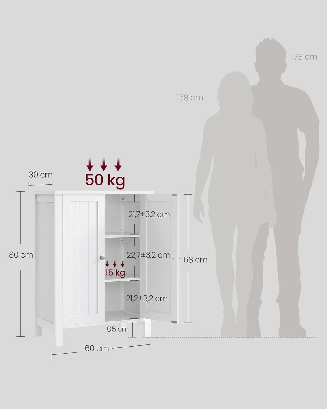 VASAGLE Badezimmerschrank, freistehender Badschrank, Aufbewahrungsschrank mit 2 Türen, mit 2 verstel