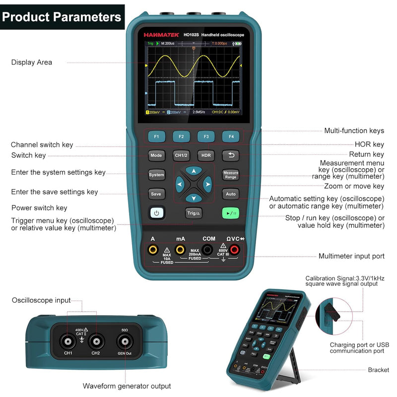 HANMATEK 3 in 1 Handheld Oszilloskop Multimeter 100MHz Wellenformgenerator Oszilloskop mit 2 Kanälen