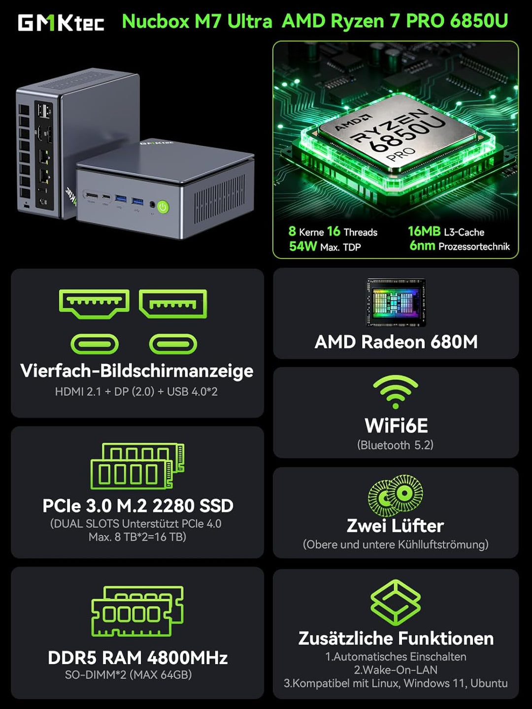GMKtec Mini PC de jeu M7 Dual LAN 2,5 Gbps AMD Ryzen 7 6850H Ordinateur de Bureau, 16 Go DDR5 Double
