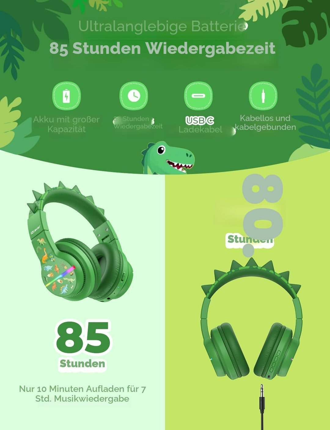 iClever Bluetooth Kinder Kopfhörer, Farbige LED-Leuchten, Kinderkopfhörer Over-Ear mit 74/85dBA Laut