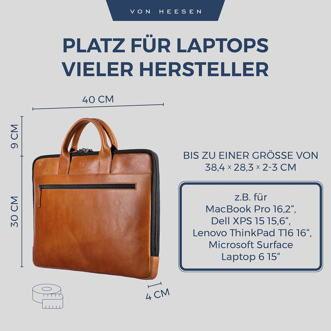 VON HEESEN Leder Aktentasche Laptoptasche bis 16 Zoll aus hochwertigem Nappa-Leder Cognac Braun (Gla