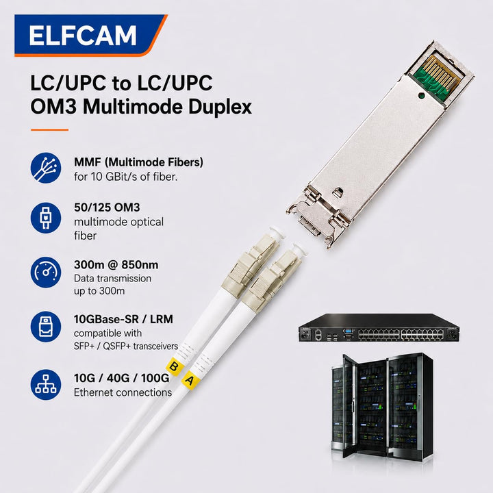 Elfcam® - LWL Glasfaser-Kabel LC/UPC auf LC/UPC 50/125um OM3 Multimode Duplex LSZH, Farbe Weiss, 100