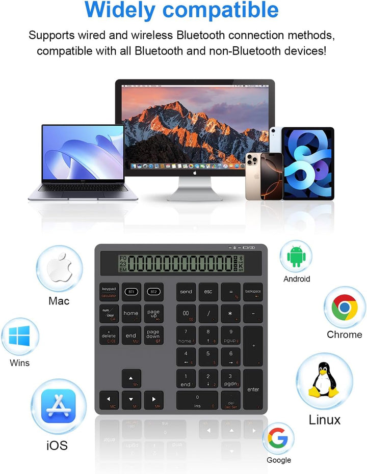 Bluetooth Nummernblock Taschenrechner Wiederaufladbar - 2-in-1 Kabelloser & Kabelgebundener Ziffernb
