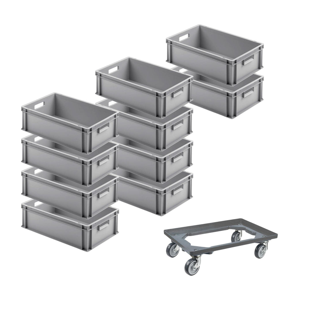 SparSet 10x Eurobehälter mit offenem Griff & 1x Transportroller Grau | HxBxT 17,5x40x60cm | 30 Liter