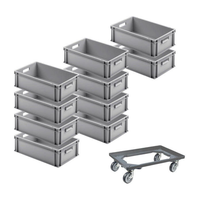 SparSet 10x Eurobehälter mit offenem Griff & 1x Transportroller Grau | HxBxT 17,5x40x60cm | 30 Liter