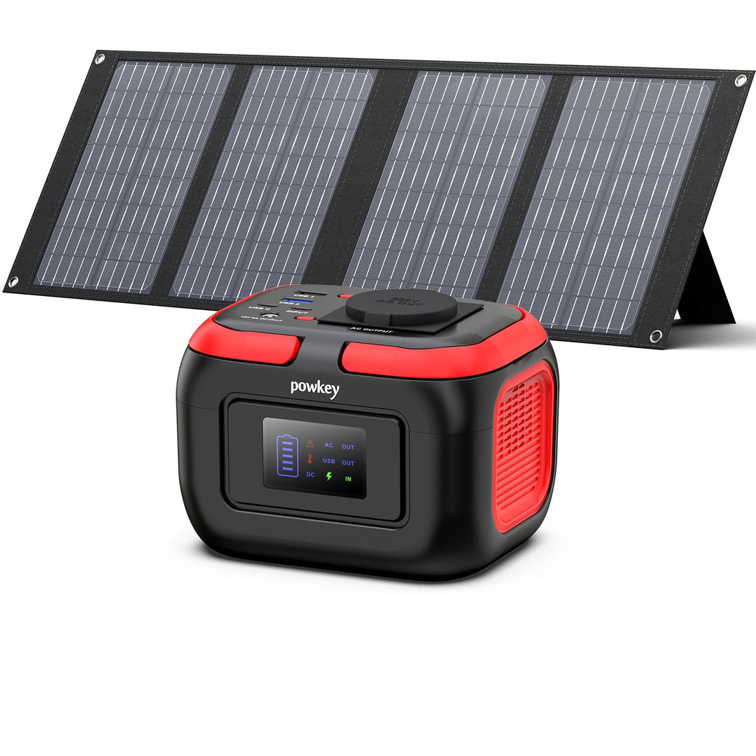 Powkey Tragbare Powerstation 26400mAh/97.68Wh mit Faltbares Solarpanel 40W, Powerbank mit Steckdose