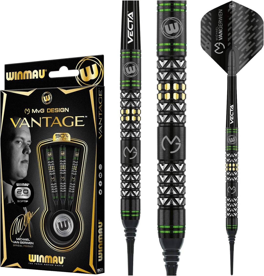 WINMAU Michael Van Gerwen MvG Vantage Tungsten Softip Darts Set 18 Gram with Prism Flights and Vecta