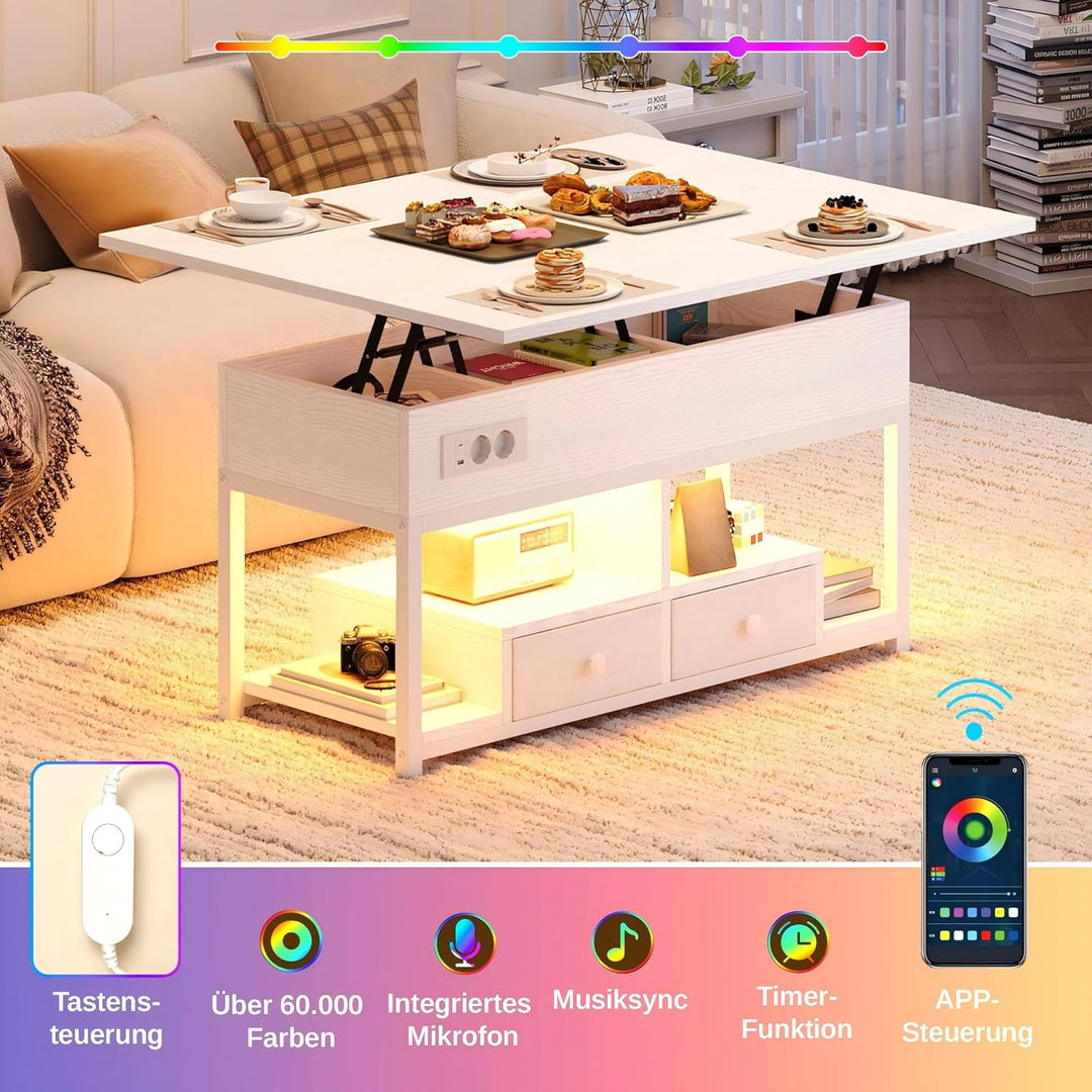 IRONCK Couchtisch höhenverstellbarer Wohnzimmertisch mit LED Beleuchtung und Steckdosen, 2 AC,1 USB