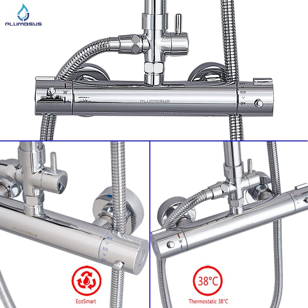 Plumbsys Duschsystem mit Thermostat,9.5” Runde Regendusche mit Thermostat armatur, Handbrause mit 3