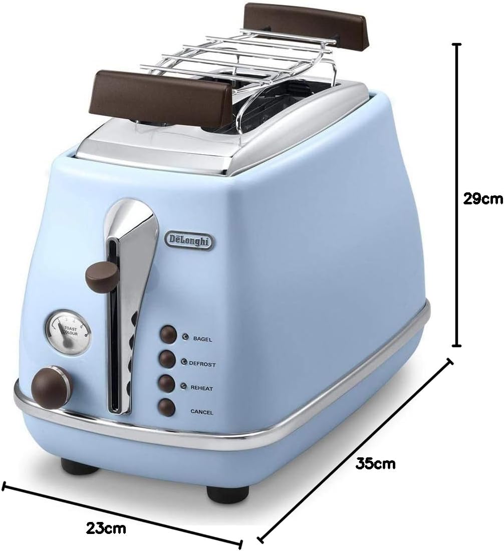 De'Longhi Toaster Icona Vintage CTOV2103.AZ - 2-Schlitz-Toaster mit Brötchenaufsatz, Edelstahl in el