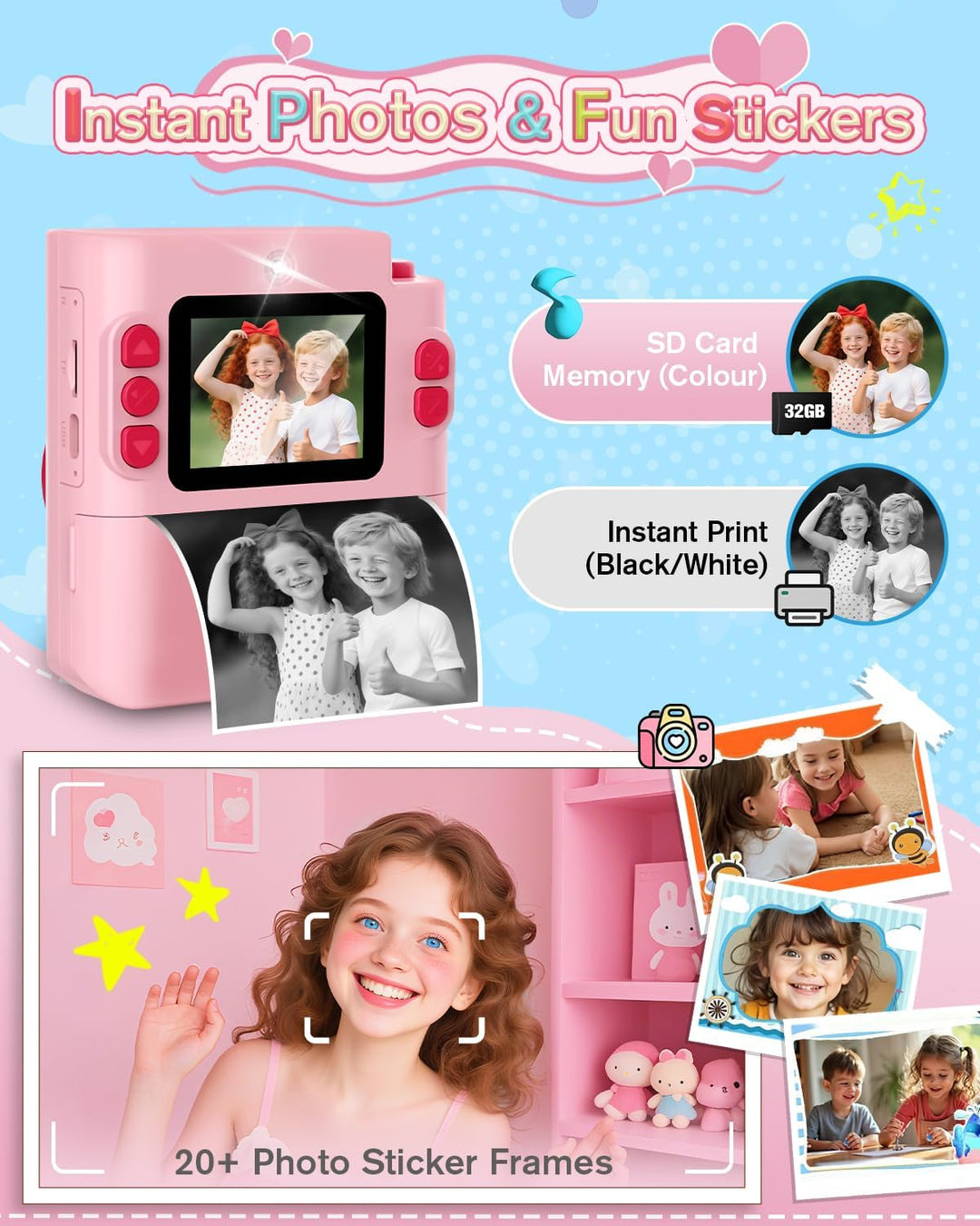 Sofortbildkamera Kinder, 1080P HD Kinderkamera Sofortbildkamera mit 32GB Karte & DruckerPapier, Kind