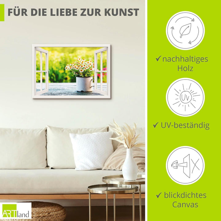 Artland Leinwandbild Wandbild Bild auf Leinwand 70x50 cm Wanddeko Fensterblick Fenster Botanik Blume
