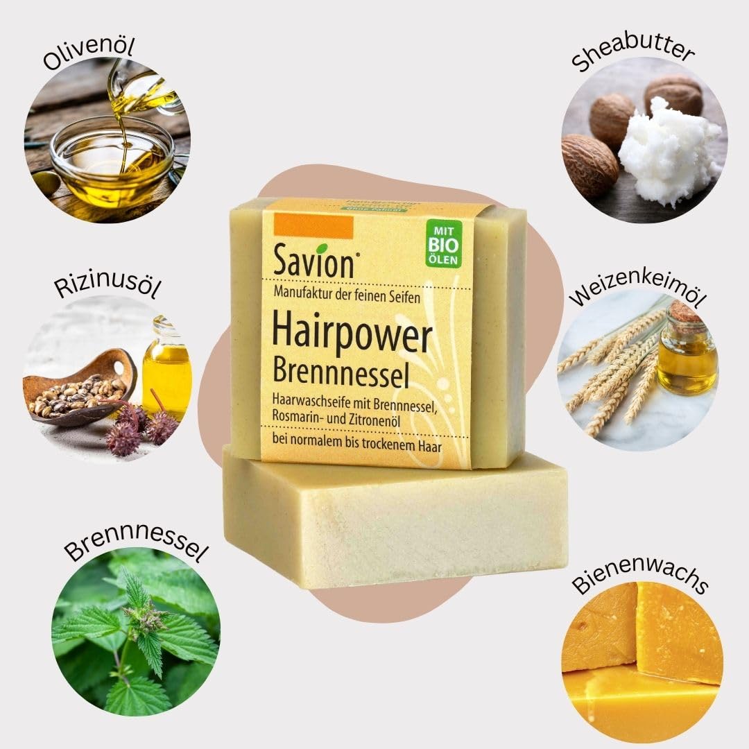 Savion 4+1 Bio Haarseife Brennessel, Vegan, Handgemacht, Palmölfrei, Plastikfrei, 5x 85gr 1.42 g (30